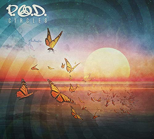 Vinyl record with cover art featuring butterflies and a sunset.