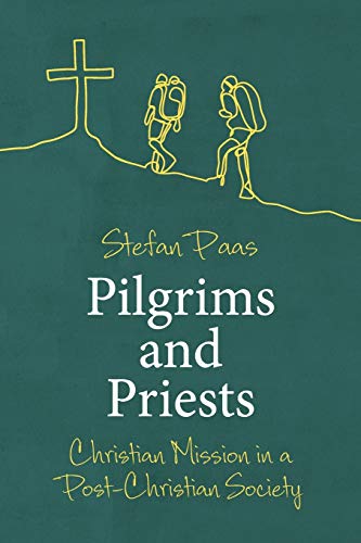 Book cover with yellow line art of two hikers and a cross on green.
