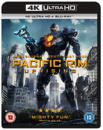 Pacific Rim: Uprising DVD cover featuring two large robots fighting in a city.