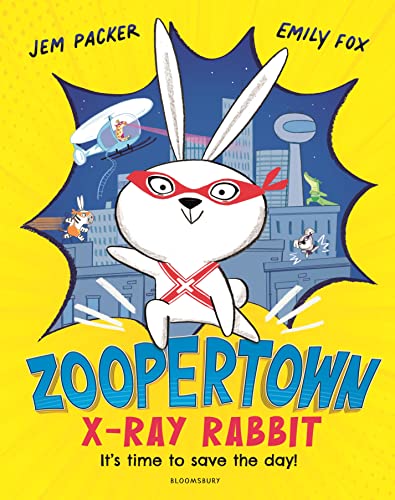 Cartoon rabbit superhero with x-ray vision flies over a cityscape.