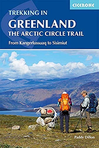 Greenland trekking guide cover with hikers and mountainous landscape.