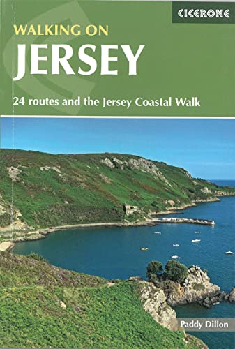 Book cover titled Walking on Jersey featuring a coastal landscape with green hills and sea.