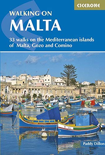 Book cover: “Walking on Malta” with a harbor scene of colorful boats.