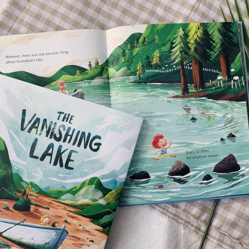 Open children’s book, “The Vanishing Lake,” showing illustrated lake scene.