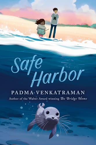 Book cover: children on a beach, with a seal underwater.