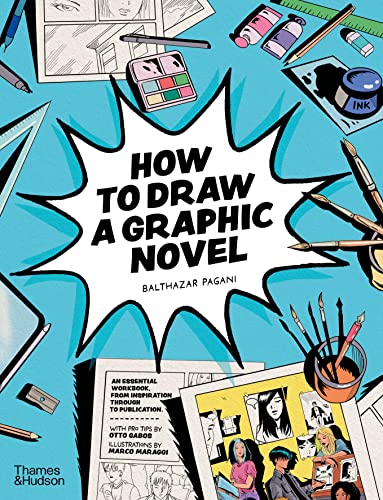 Book cover: āHow to Draw a Graphic Novelā with art supplies illustration.
