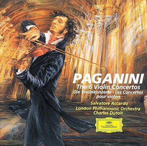 CD cover: Paganini playing violin, ornate gold background, text details.