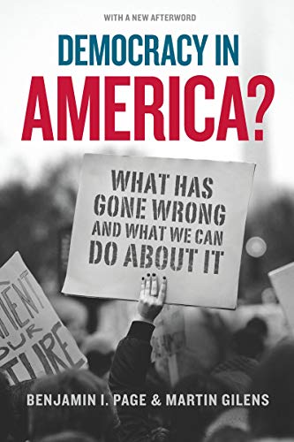 Book cover with bold red title, “Democracy in America?” and protest imagery.