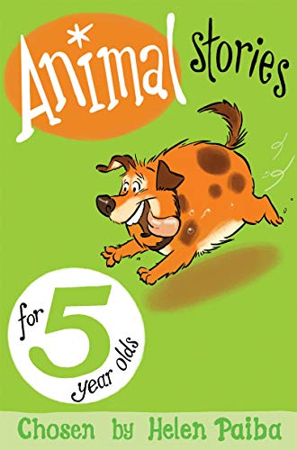 Book cover with illustrated dog, green background, and large text “Animal stories for 5 year olds”.