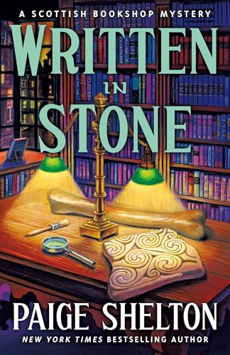 Book cover: “Written in Stone” with a bone, lamp, and magnifying glass.