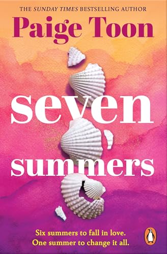 Book cover: "Seven Summers" with seashells on a colorful, blurred background.