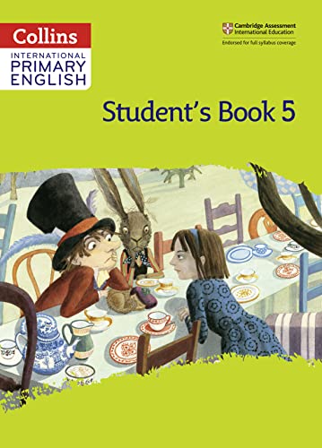 Collins International Primary English Stage 5 textbook cover featuring an Alice in Wonderland illustration.