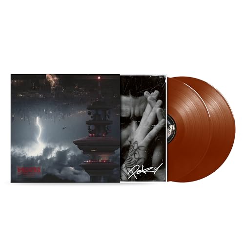 Brown vinyl record with album cover depicting a futuristic cityscape.