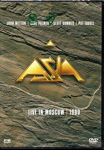 The image is a DVD cover for "Asia - Live in Moscow 1980". The alt text is: "DVD cover with gold logo on stone background, band names and title."
