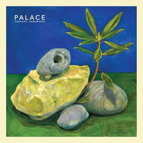 Painted album cover with rocks, plant, blue background, and text “Palace”.