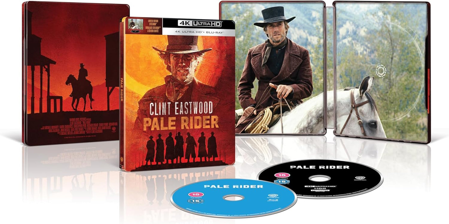 Blu-ray cover for "Pale Rider" featuring Clint Eastwood on horseback.