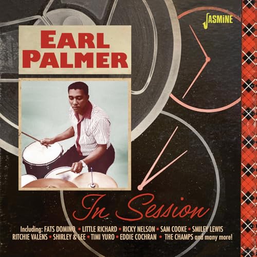 Earl Palmer drumming on a CD cover with vintage recording equipment imagery.