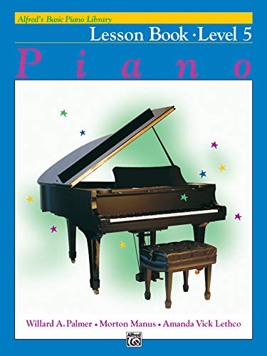 Alfred's Basic Piano Library Lesson Book 5 cover featuring a black grand piano.