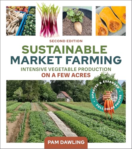 Book cover featuring vegetables, a farm field, and the title “Sustainable Market Farming.”