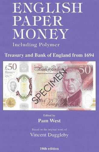 Book cover titled English Paper Money featuring a fifty pound note on purple background.
