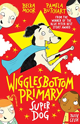 Book cover: black and white dog with a blue cape, red background.