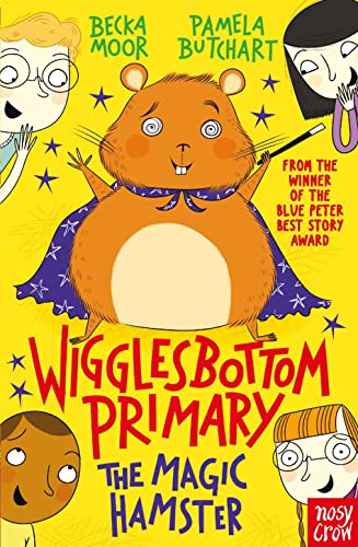 Book cover: a cartoon hamster in a cape with children, bright yellow background.