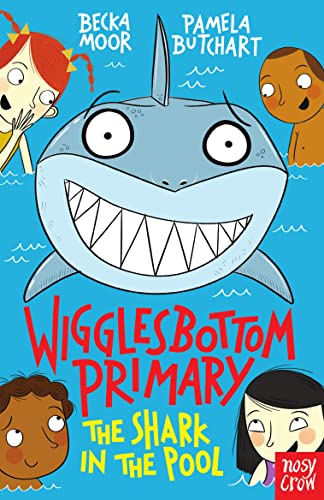 Cartoon shark with big teeth peers over children in a pool.
