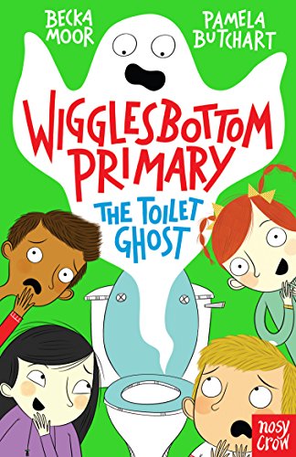 Book cover: children reacting with fear to a ghost above a toilet.