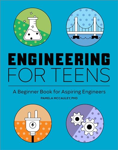 Book cover titled Engineering for Teens featuring icons of a flask, bridge, plug, and gears.