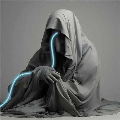 Hooded figure draped in fabric with glowing blue lines, gray background.