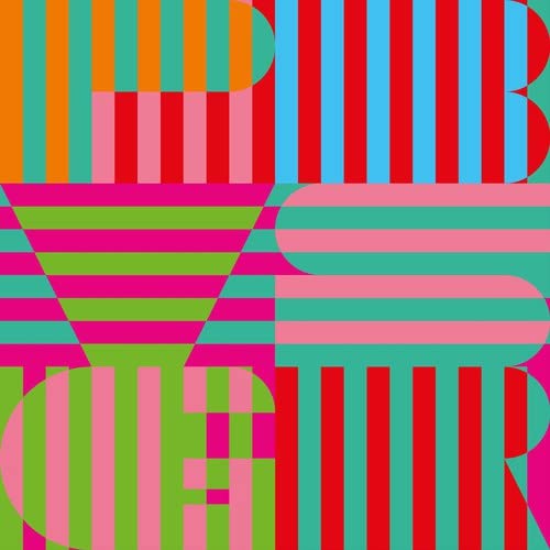 Colorful abstract album cover with vertical stripes and geometric shapes.