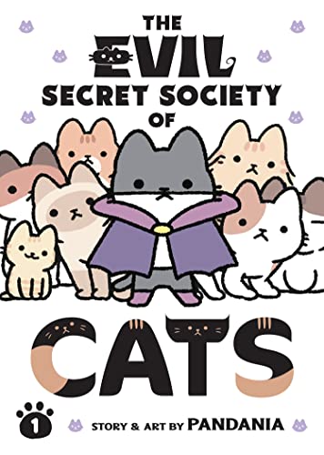 A grey cat in a purple cape surrounded by other cats on a book cover.
