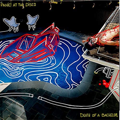 Panic! At The Disco album cover: neon-outlined pool scene, "Death of a Bachelor.