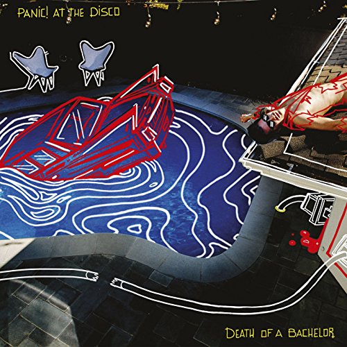Album cover: man by a pool with neon and red line art.