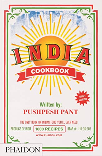 Cookbook cover with “INDIA” in large, ornate lettering and a sunburst design.