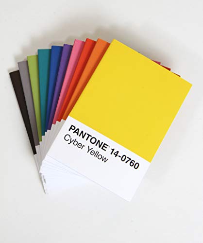Stack of ten Pantone-colored notebooks, with color names printed on front.