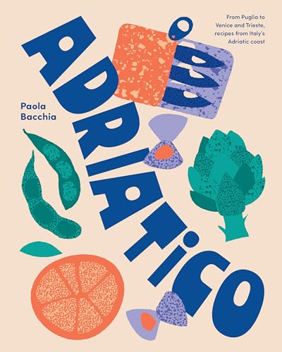 Cookbook cover with bold blue “Adriatico” text and illustrated vegetables.