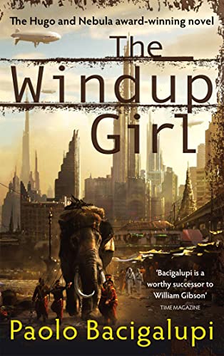 Book cover art showing an elephant walking through a futuristic city with airships overhead.
