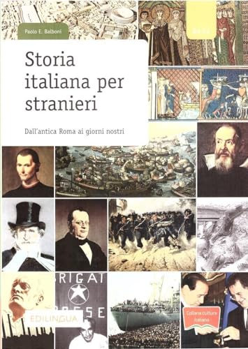 Book cover: "Storia italiana per stranieri" with historical images collage.