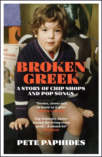 Book cover: a young boy in a sweater, with bold red title "BROKEN GREEK".