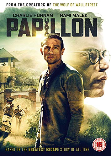 Papillon DVD cover featuring Charlie Hunnam and Rami Malek, prison backdrop.