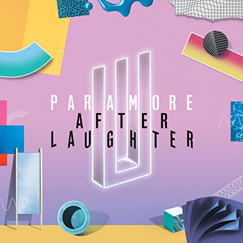 Paramore’s “After Laughter” album cover: abstract shapes and white lettering on pink.