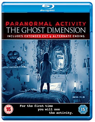 Paranormal Activity: The Ghost Dimension" Blu-ray cover with a girl facing a mirror.