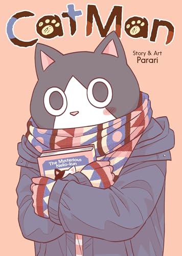 Cartoon cat-human hybrid with scarf, holding a book titled "Neko-kun".