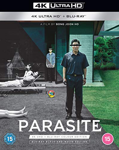 “Parasite” Blu-ray cover featuring a modern house, figures, and contrasting color schemes.