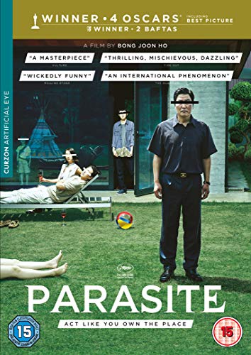 DVD cover for the film Parasite showing characters on a lawn with black bars.