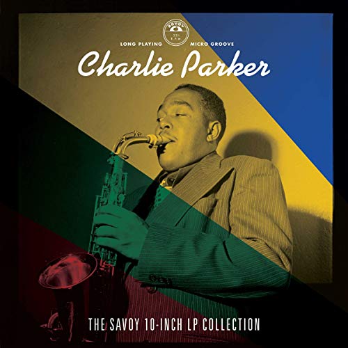 "Album cover featuring Charlie Parker playing saxophone, with multicolored diagonal background sections."