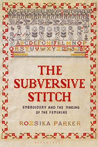 Book cover featuring cross-stitch embroidery patterns, alphabets, and the title in red lettering.