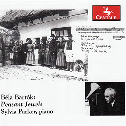 CD cover: vintage photo of villagers, musical score, and portrait of Bartók.