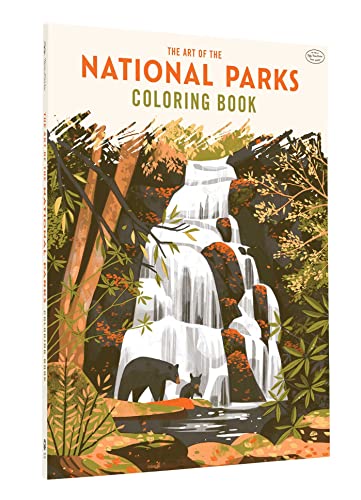 Coloring book cover with waterfall, trees, and two bears.